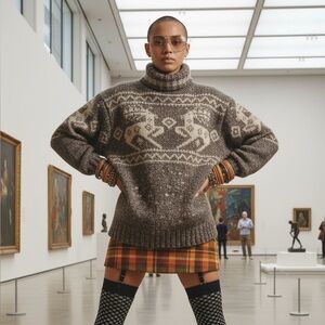 RALPH LAUREN VTG Rare Wool Silk Reindeer Hand Knit Swseater in Tan Size M Preppy